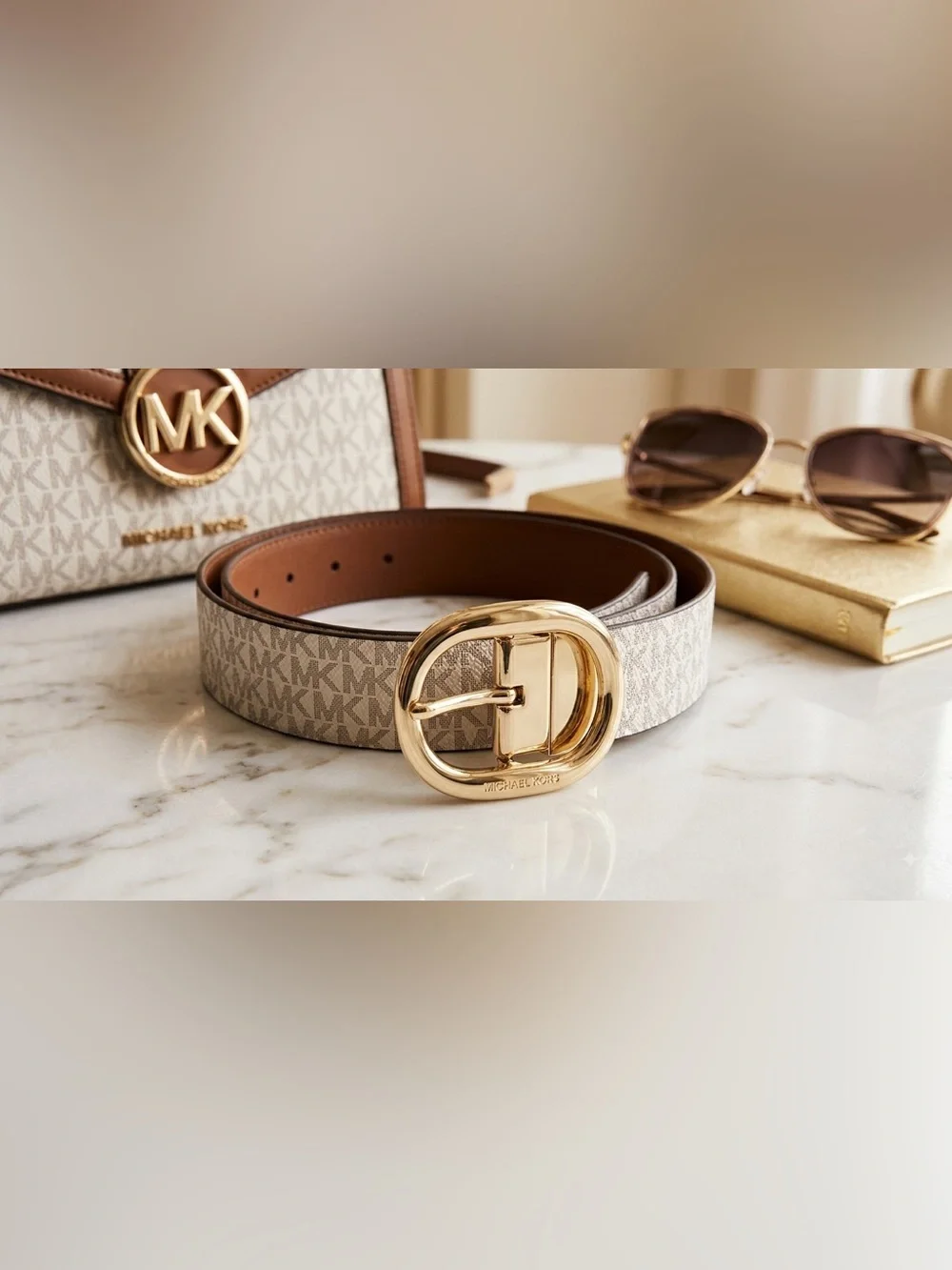 Michael Kors Women's Belt Vanilla Luggage Gold Oval Buckle XL